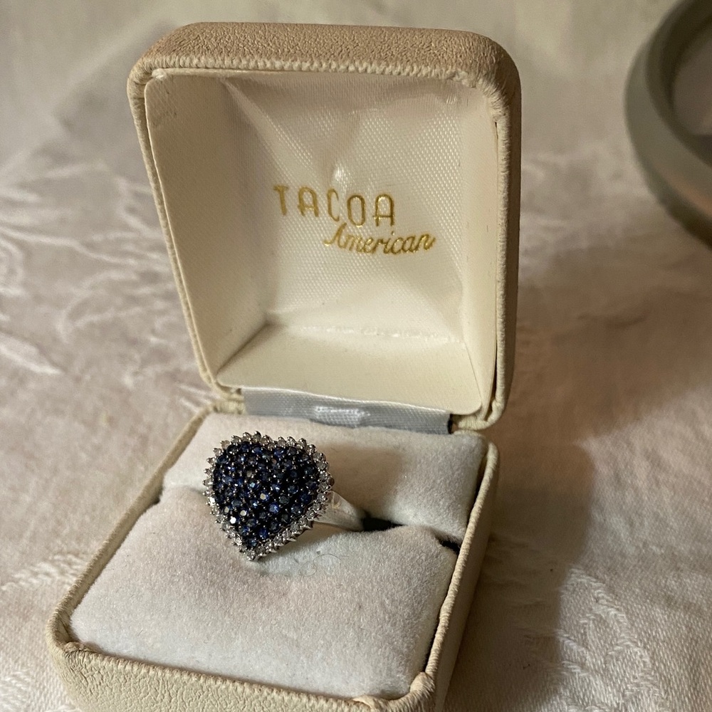 Black Spinel and Diamonique CZ Heart Ring in Silver .. size 7